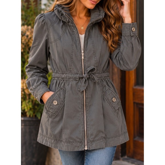 H&M Jackets & Blazers - HM Gray Cotton Utility Jacket Ruffle Collar Drawstring Waist Size 6 gorpcore